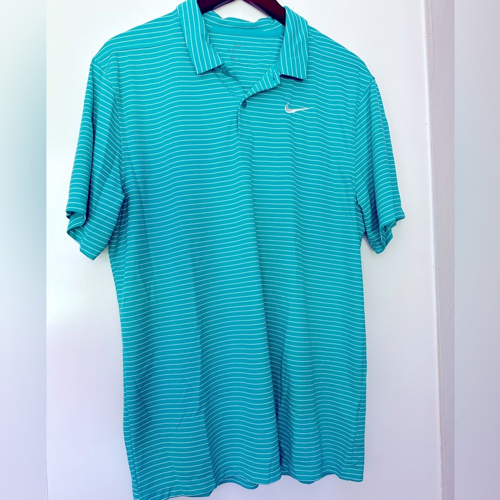Nike Men’s Aqua and White Striped Golf Dri-Fit Polo